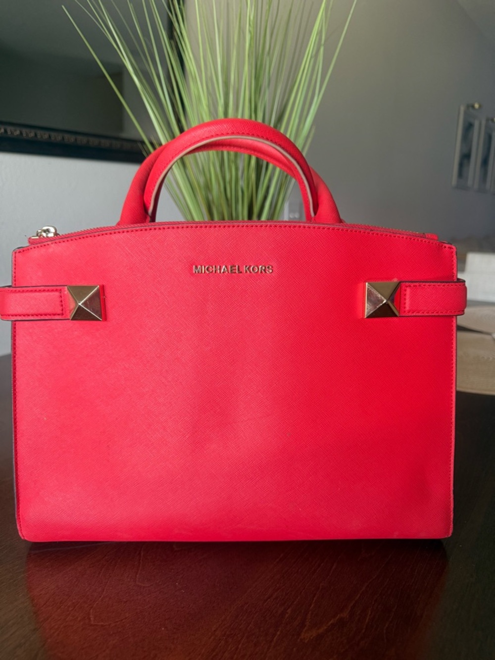 Michael Kors Red Saffiano Leather Satchel with Gold Accent